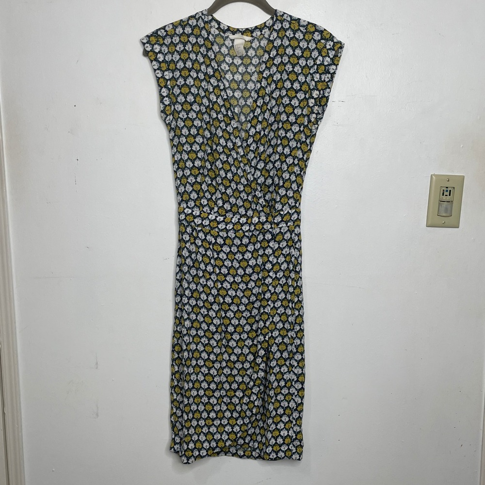 HM‎ Women Yellow Green Floral Fan Print Wrap Dress Cap Sleeve Size 2
